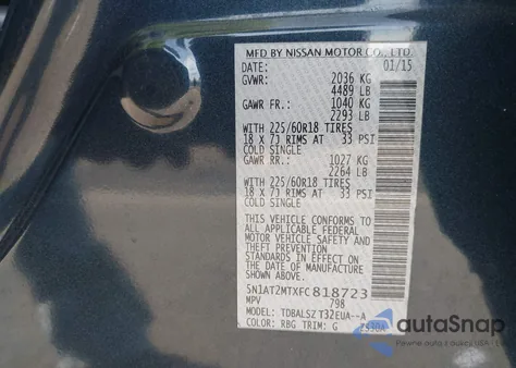 2015 Nissan Rogue Sl z USA, uszkodzony, nr VIN 5N1AT2MTXFC818723